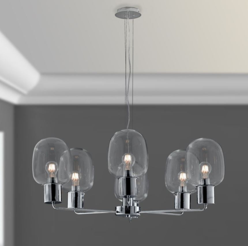Sospensione 6 luci in vetro trasparente struttura metallo cromo 6XE27 non incl. FELLINI Sospensione 6 luci in vetro trasparente struttura metallo cromo 6XE27 non incl. FELLINI